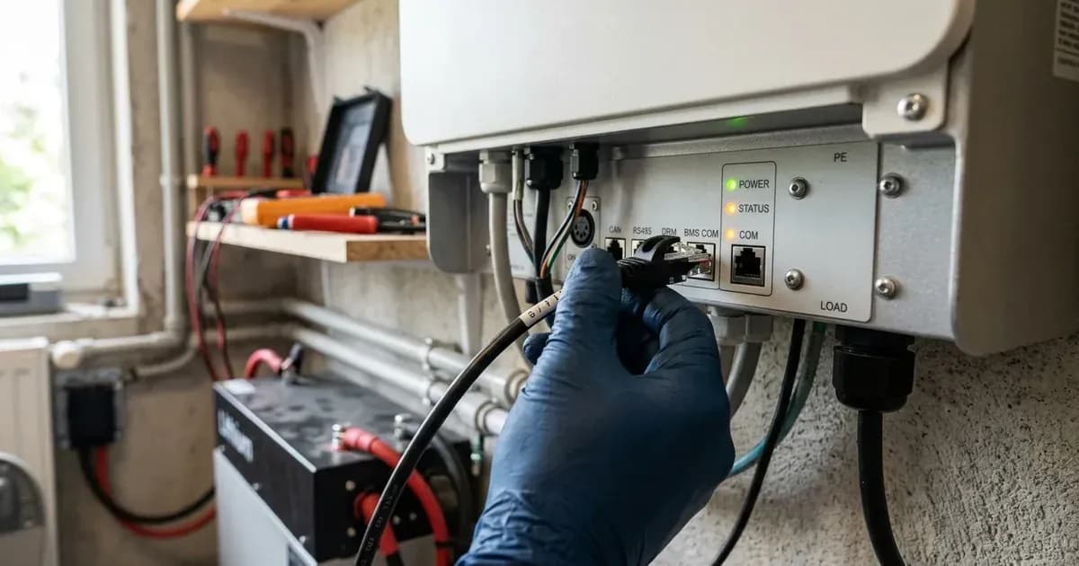 Technician connecting RJ45 communication cable into a hybrid inverter BMS port during fault diagnosis. — SolarNevs spec card