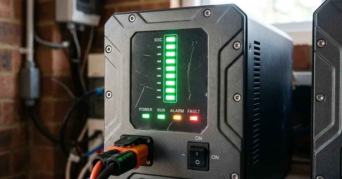 Lithium solar battery module front panel displaying green SOC indicator lights and alarm status LEDs. — SolarNevs spec card