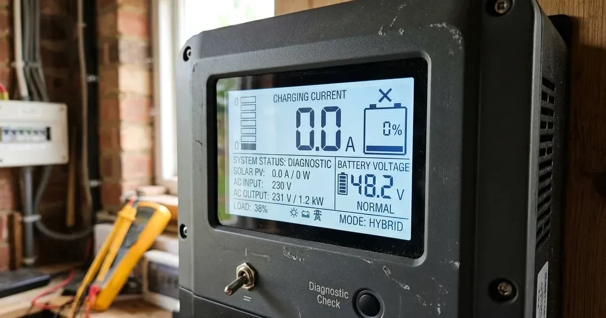 Solar inverter LCD screen showing zero charging current and battery parameters during a diagnostic check. — SolarNevs spec card