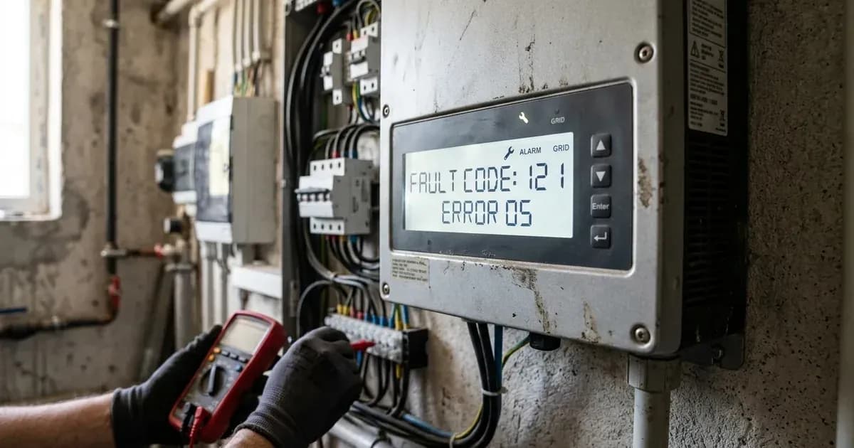 Solar inverter control panel and LCD screen displaying an error code during electrical troubleshooting. — SolarNevs spec card