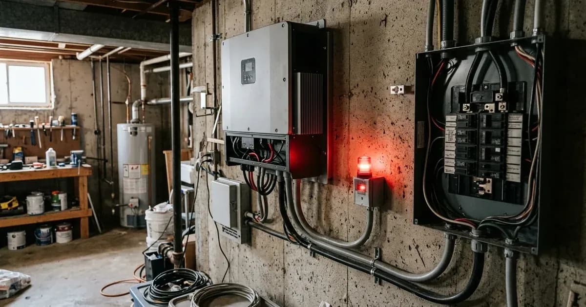 Solar hybrid inverter mounted on a wall with red warning fault indicator active beside an electrical panel. — SolarNevs spec card