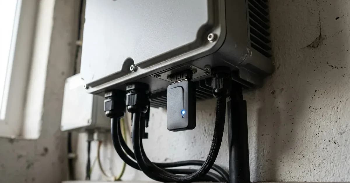 Wi-Fi data logger module plugged into the bottom communication port of a wall-mounted solar inverter. — SolarNevs spec card
