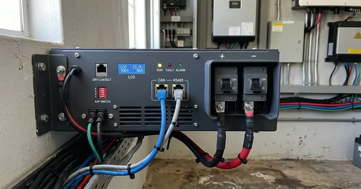 Front connection panel of a wall-mounted lithium solar battery showing RJ45 BMS ports and DC circuit breakers. — SolarNevs spec card
