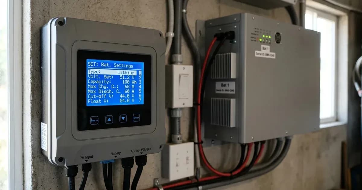 Hybrid solar inverter LCD control screen with battery configuration parameters and lithium battery module. — SolarNevs spec card