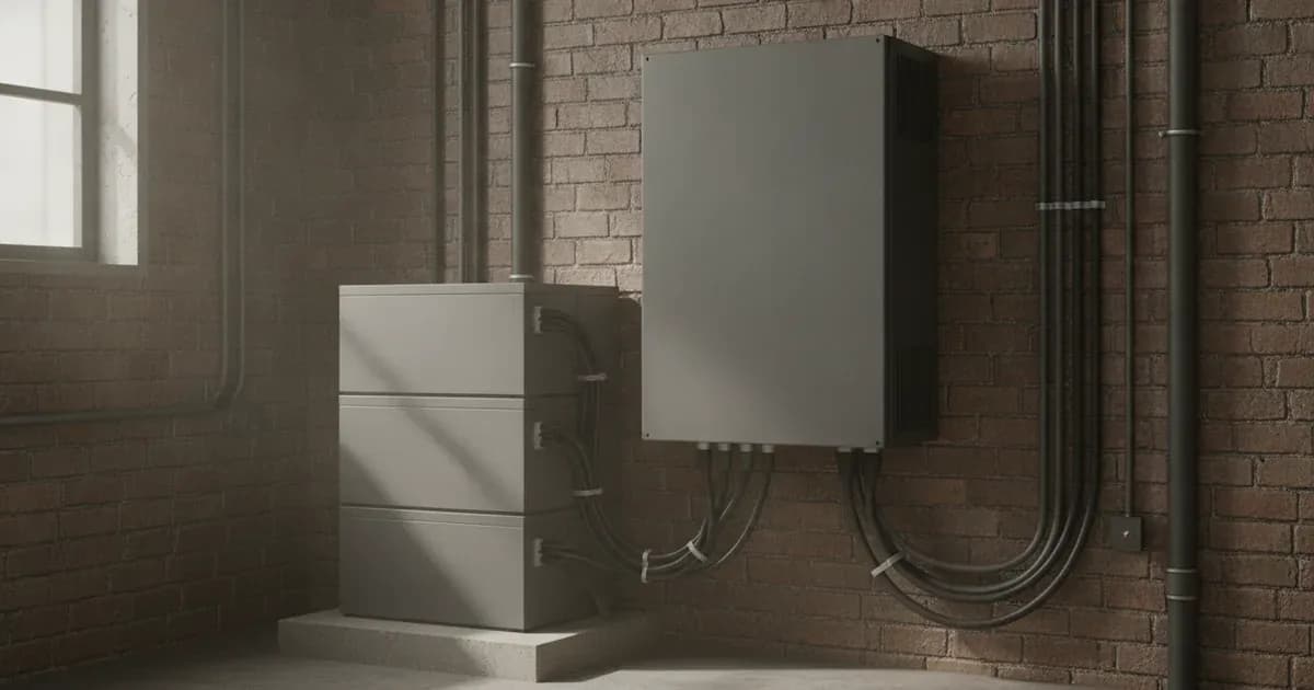 Commercial hybrid inverter and stacked high-voltage battery tower with electrical conduits on brick wall. — SolarNevs spec card