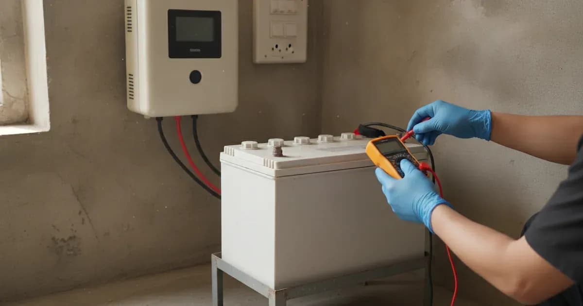 Tall tubular deep-cycle battery connected with heavy cables to an indoor home UPS inverter unit. — SolarNevs spec card