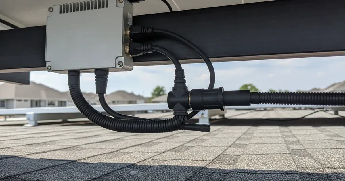 Installer connecting a waterproof AC trunk cable plug into a rooftop solar microinverter unit — SolarNevs spec card