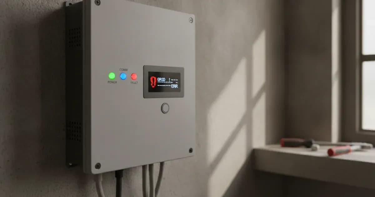 Solar inverter status indicator lights and display panel mounted beside an AC breaker box. — SolarNevs spec card