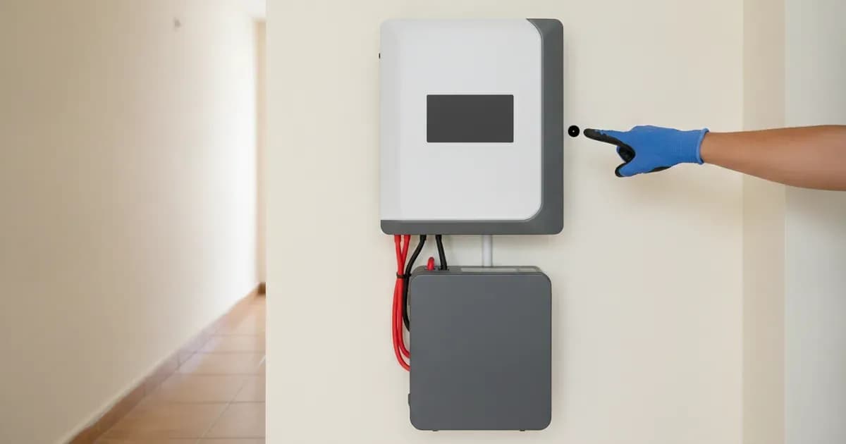 Solar hybrid inverter control panel showing battery charging status LEDs and heavy DC circuit breaker isolators. — SolarNevs spec card