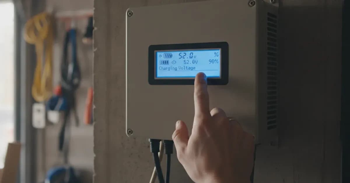 Technician adjusting battery configuration settings on a solar inverter digital LCD display. — SolarNevs spec card