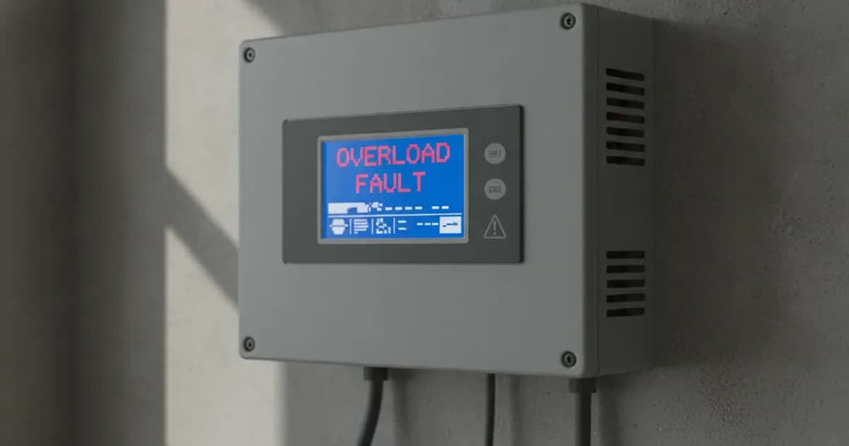 Solar inverter LCD screen displaying an overload fault warning during system diagnostic inspection. — SolarNevs spec card