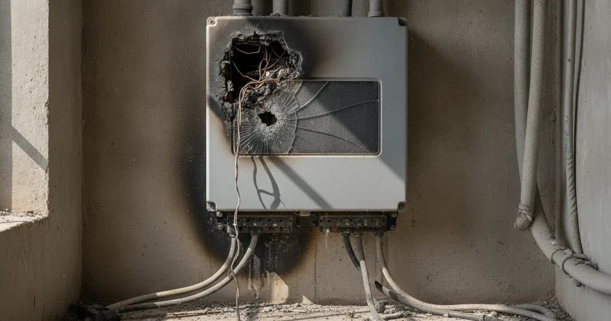 Burned solar inverter circuit board with scorched power components under diagnostic repair on a workbench. — SolarNevs spec card