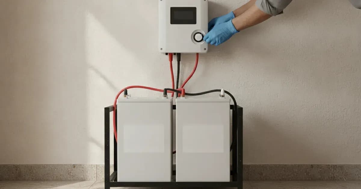 A deep-cycle solar battery bank connected with heavy DC cabling to an inverter and disconnect switch. — SolarNevs spec card
