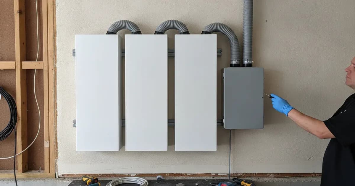 Modular residential energy storage battery installed on a wall with protective earthing and conduit wiring. — SolarNevs spec card