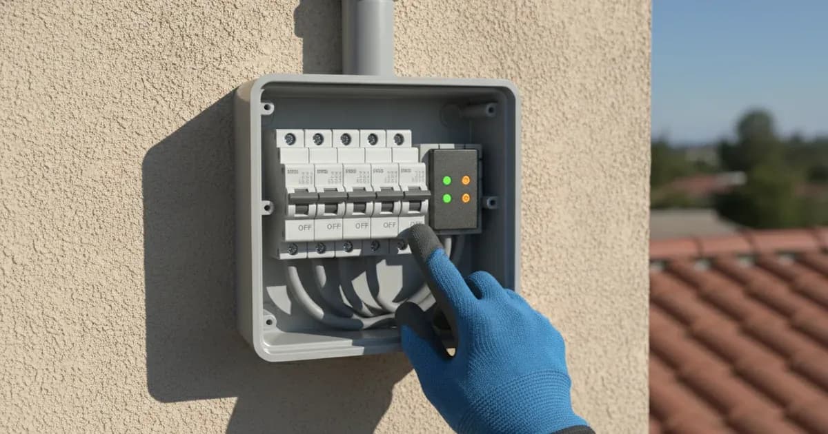 Solar combiner box unit mounted on a wall with conduits and interior circuit breaker connections. — SolarNevs spec card