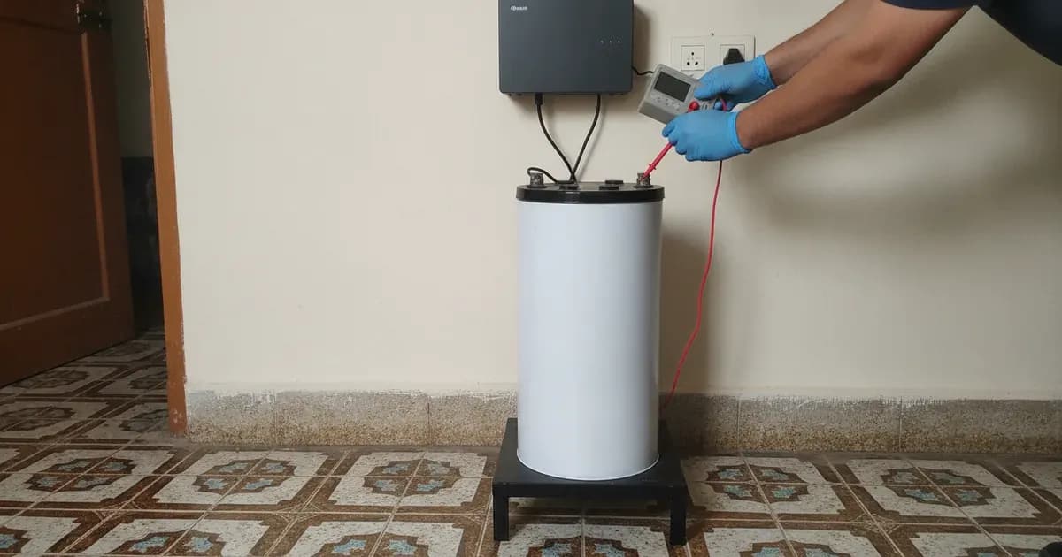 Multimeter probe testing the terminal voltage of a tubular solar battery. — SolarNevs spec card