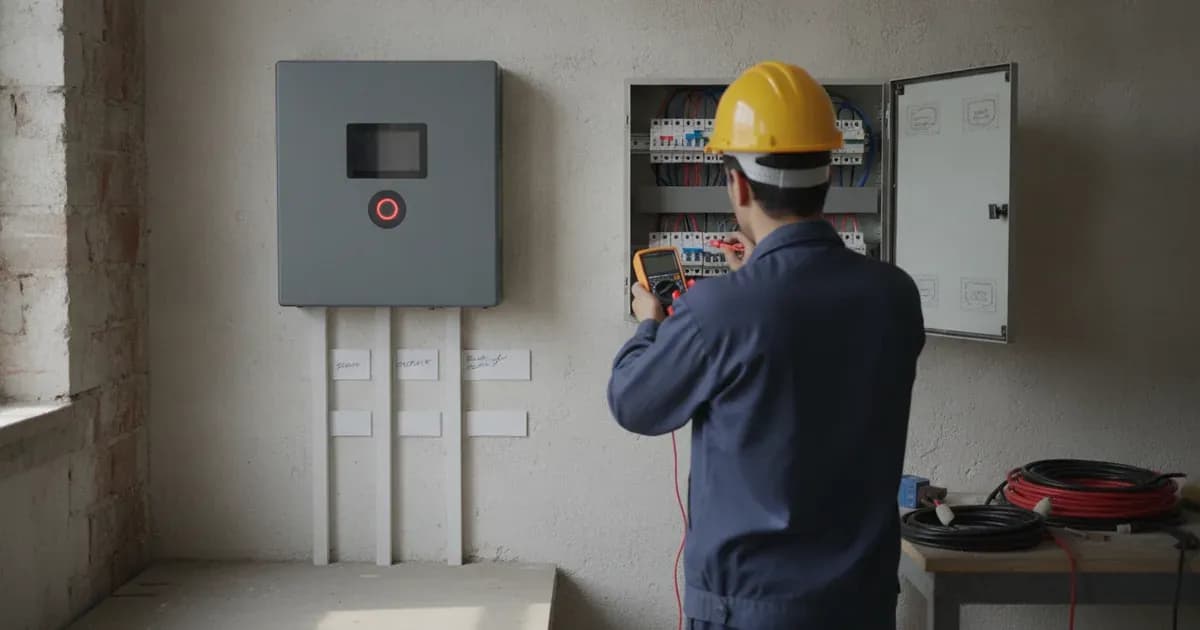 Solar technician measuring AC grid voltage with a digital multimeter beside a hybrid solar inverter. — SolarNevs spec card