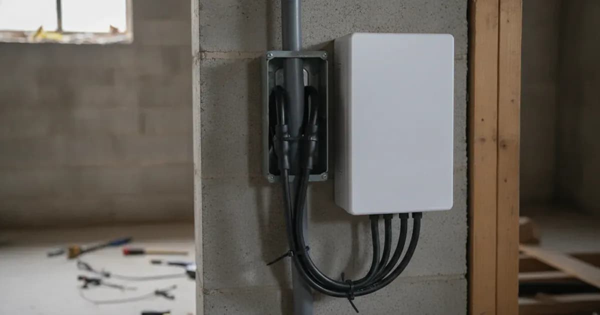 Energy communication unit with ethernet cable and CT sensor clamps connected to phase wires in an electrical panel. — SolarNevs spec card
