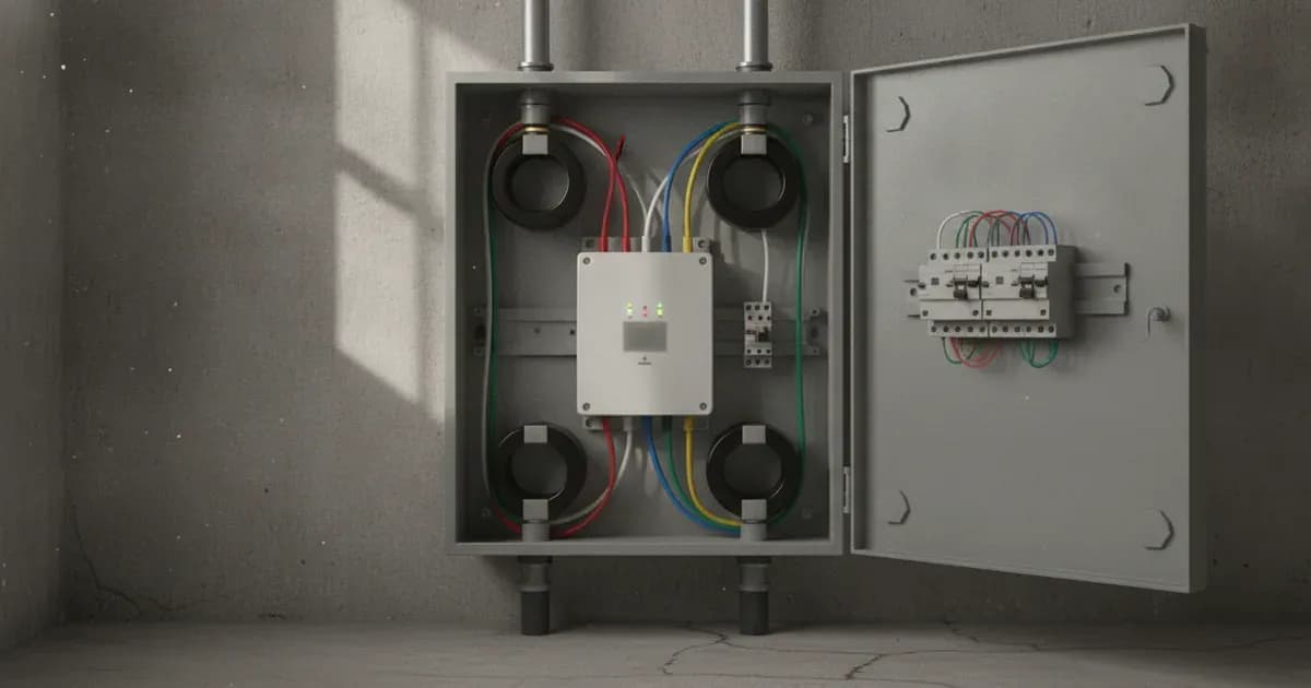 A three-phase grid protection relay with connected wiring mounted inside an electrical enclosure on a concrete wall. — SolarNevs spec card