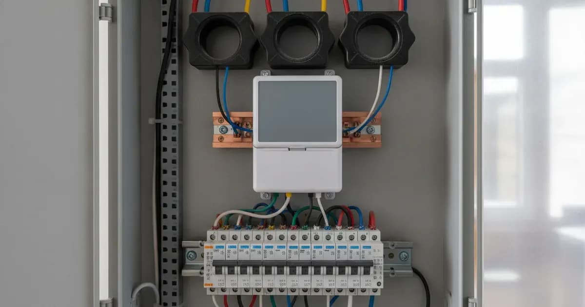 Three-phase smart meter and circuit breaker with labeled electrical cables inside a distribution panel. — SolarNevs spec card