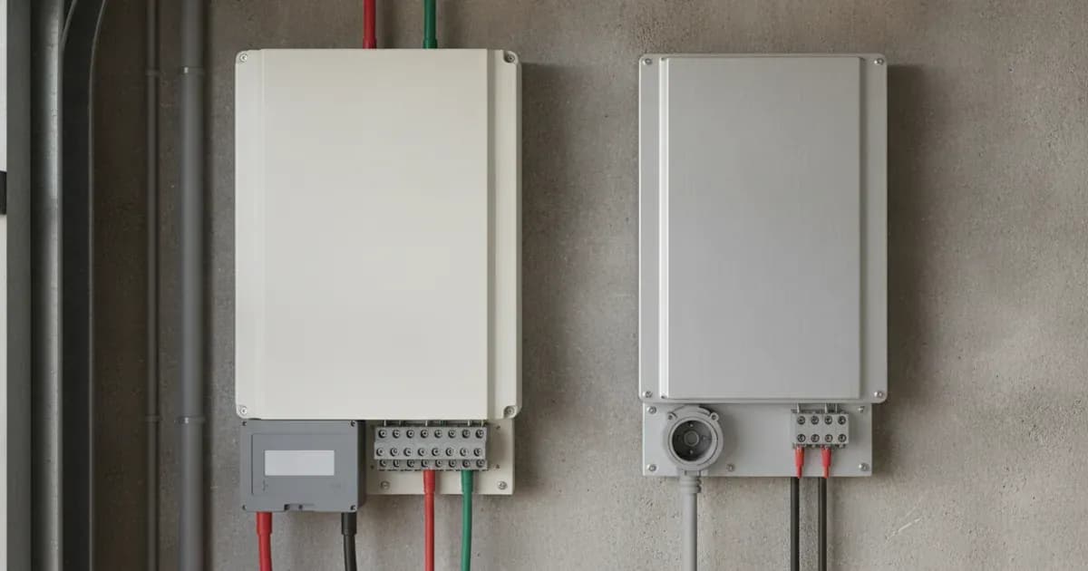 Two solar inverters mounted side by side on an exterior wall with conduit wiring. — SolarNevs spec card
