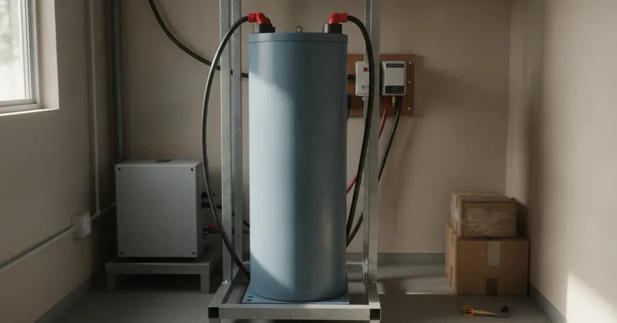 A deep-cycle tall tubular battery wired to an inverter on a garage workbench. — SolarNevs spec card