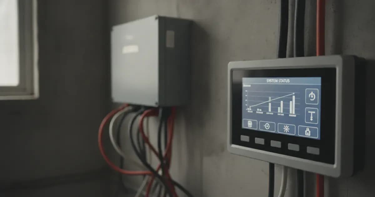 Solar system monitor display screen mounted on a wall with connected communication cables and junction hub. — SolarNevs spec card