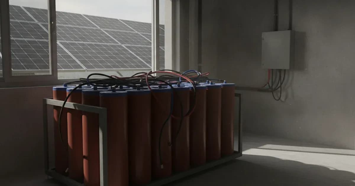 Deep cycle tubular battery bank connected with heavy duty wiring on a metal rack in an outdoor solar setup. — SolarNevs spec card