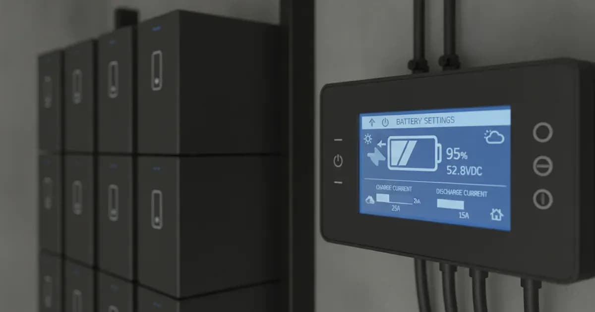Inverter control screen showing battery charging status next to stacked lithium storage modules. — SolarNevs spec card