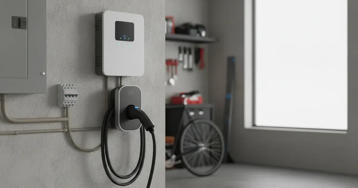 Electric car charging in a residential garage connected to a wall charger and electrical panel. — SolarNevs spec card