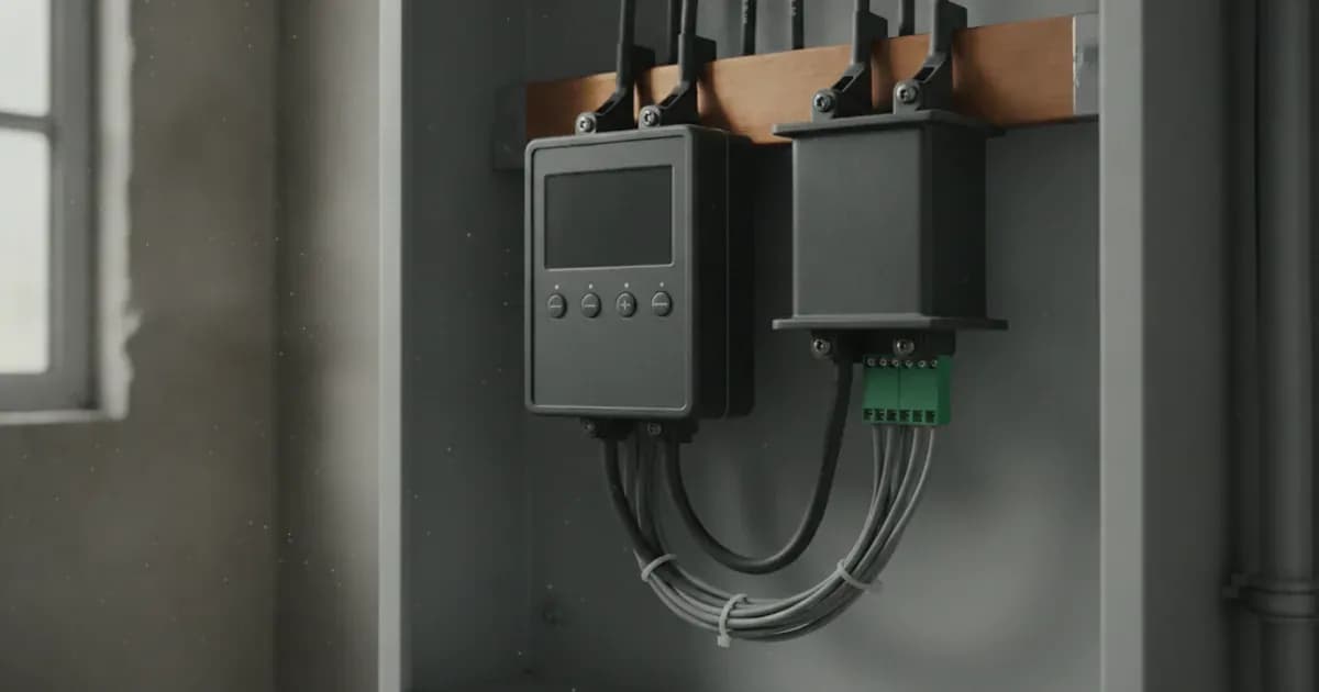 A close-up of a SolarEdge Commercial Energy Meter connected to high-current split-core CTs on a busbar, with RS485 wiring visible — SolarNevs spec card