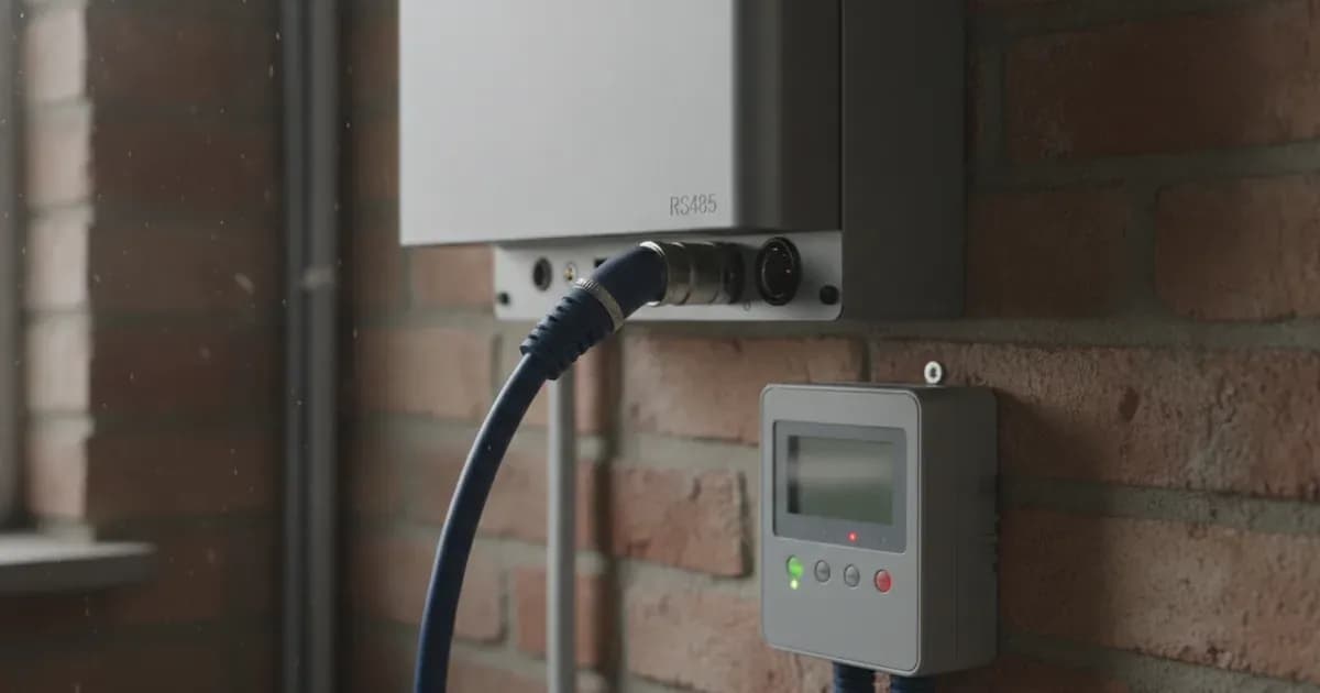 A close-up of a SolaX inverter's communication ports with an RS485 cable connected to a smart meter — SolarNevs spec card