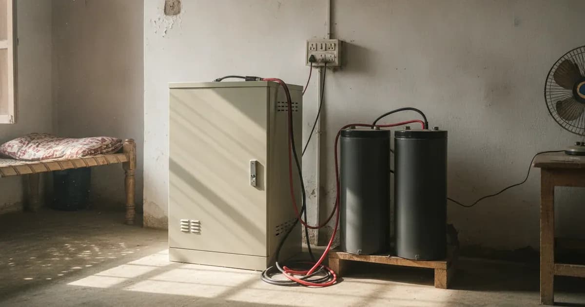 A photo of a Homage UPS unit paired with two Osaka tubular batteries in a typical Pakistani home setup — SolarNevs spec card