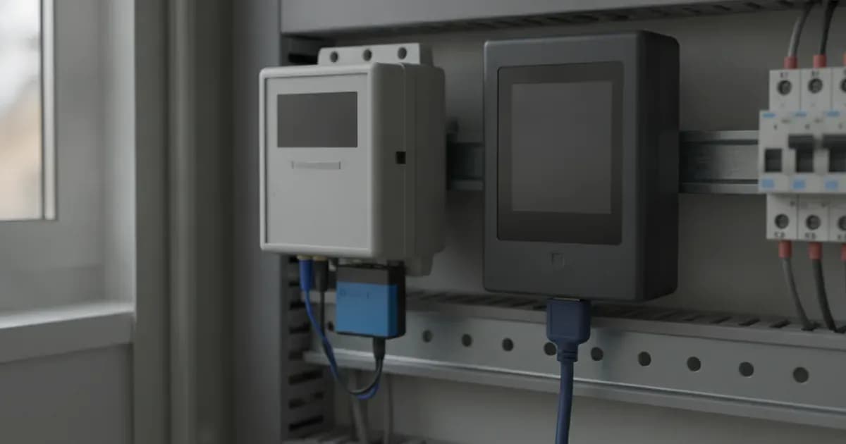 Photo of an ABB B21 or B23 meter installed on a DIN rail, connected to a Victron Cerbo GX via an RS485-to-USB cable — SolarNevs spec card