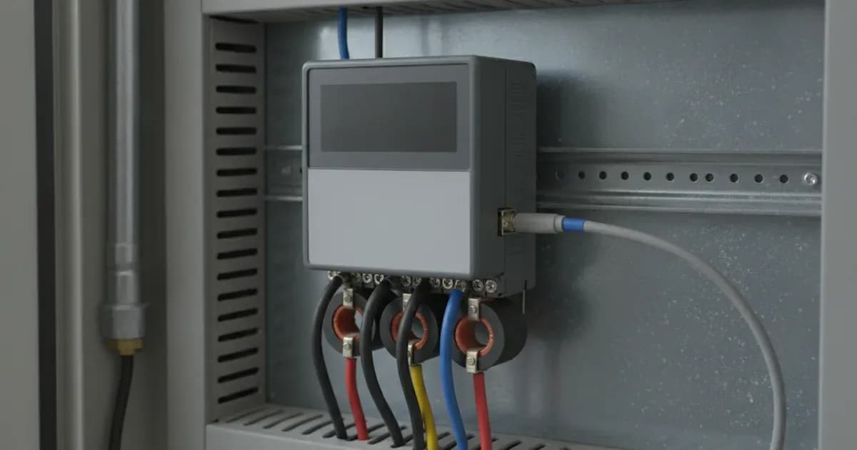 A close-up photo of the ABB B24 meter with CTs and RS485 cable connected — SolarNevs spec card
