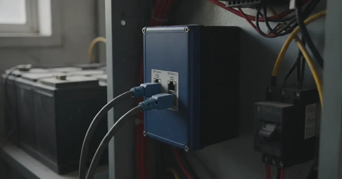 RJ45 CAN-bus cables and blue terminator plugs connected into the VE.Can and BMS-Can ports of a Victron Cerbo GX — SolarNevs spec card