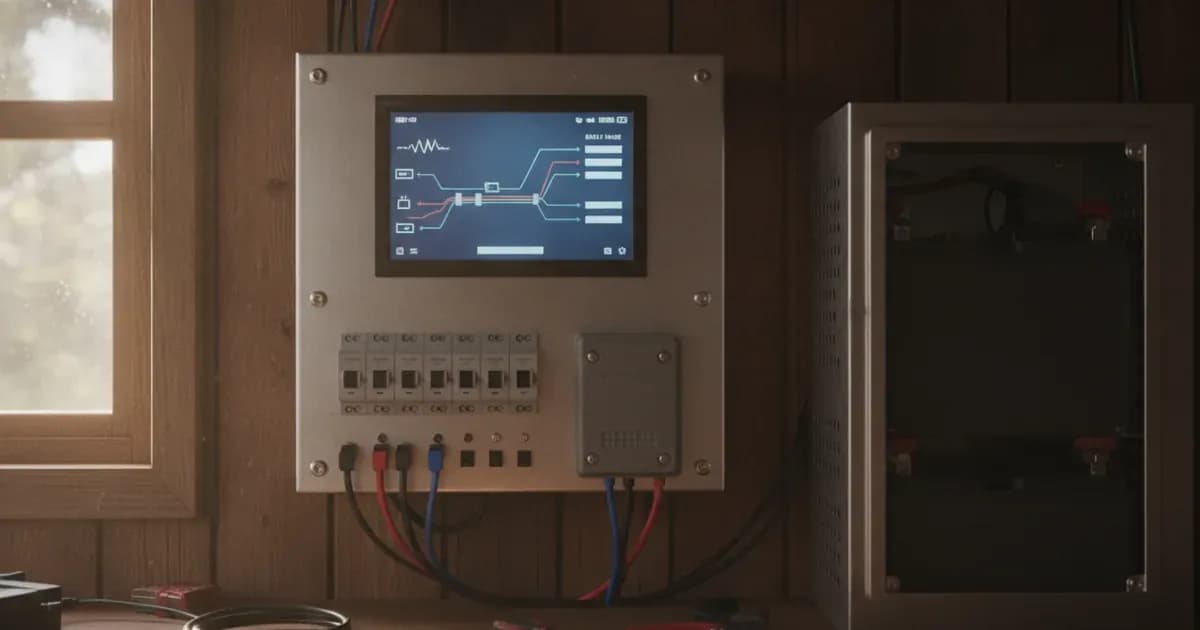Victron Ekrano GX 7-inch touchscreen system controller flush-mounted in an off-grid solar control panel displaying live telemetry — SolarNevs spec card