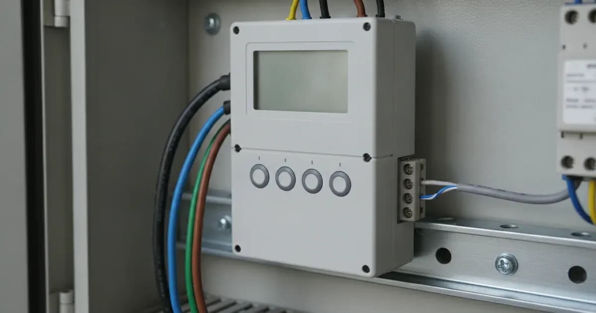A close-up shot of a Victron EM340 meter installed on a DIN rail, with RS485 and AC wiring connected, showing the LCD display — SolarNevs spec card