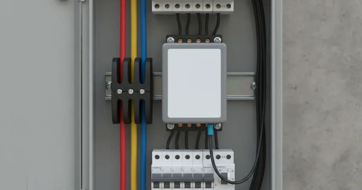 Victron EM540 3-phase DIN-rail energy meter installed inside an AC distribution board with RS485-to-USB communication cable connected to a Cerbo GX — SolarNevs spec card