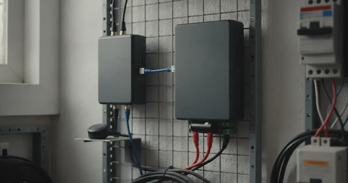Victron GX GSM cellular modem mounted next to a Cerbo GX with USB cable, fused DC power harness, and external GPS antenna connected — SolarNevs spec card