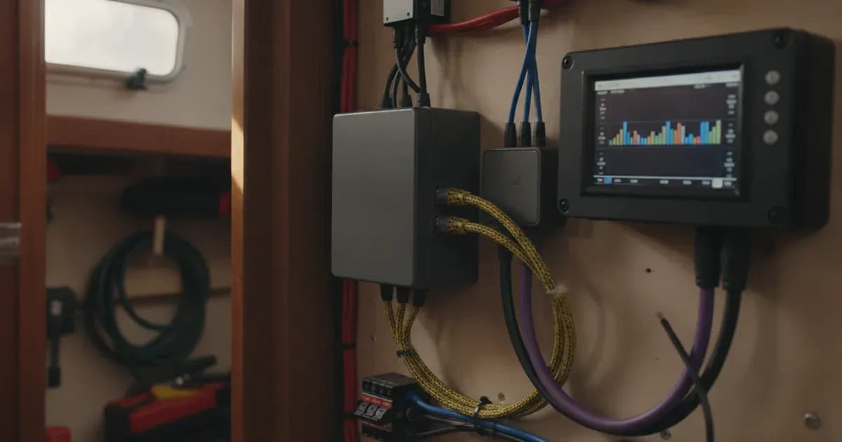 MG Master LV battery management controller wired via native VE.Can to a Victron Cerbo GX with live NMEA2000 telemetry displayed — SolarNevs spec card