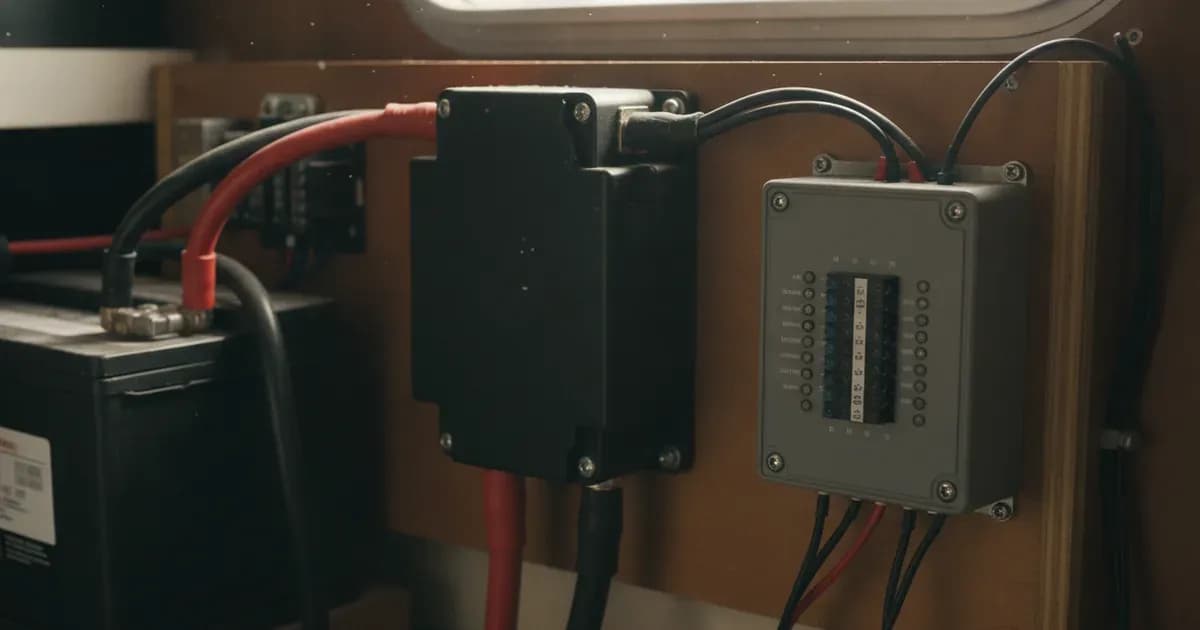 Victron Smart BatteryProtect 12V/24V solid-state disconnect switch mounted on an equipment board protecting a 12V auxiliary DC distribution panel — SolarNevs spec card