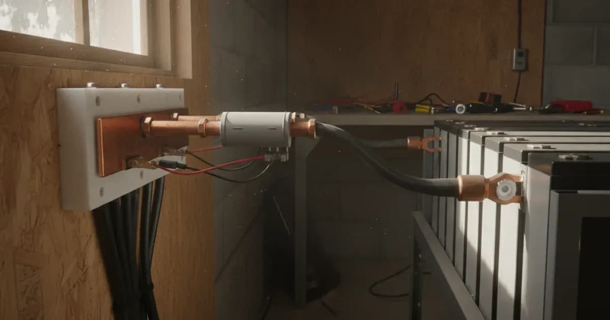 Victron SmartShunt 500A connected to lithium battery negative busbar in an off-grid solar power room — SolarNevs spec card