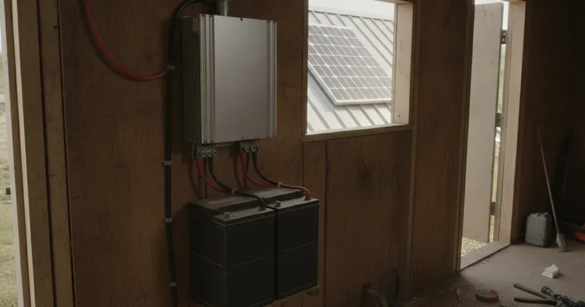 Victron Sun Inverter mounted in a rural off-grid cabin power system with 36-cell solar panel and 12V battery bank wired to the integrated terminals — SolarNevs spec card