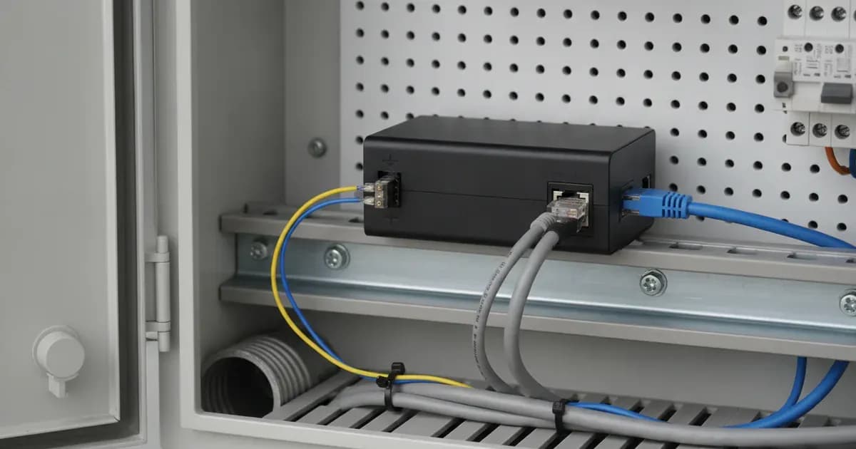 Victron Venus GX communication hub mounted on a DIN rail inside an electrical enclosure with VE.Direct, VE.Bus, and Ethernet cables neatly wired — SolarNevs spec card