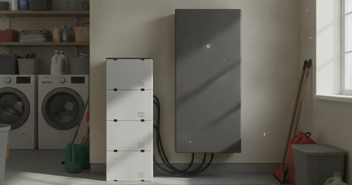 A photo showing a GivEnergy All-in-One unit installed in a utility room, with modular batteries stacked beside it — SolarNevs spec card