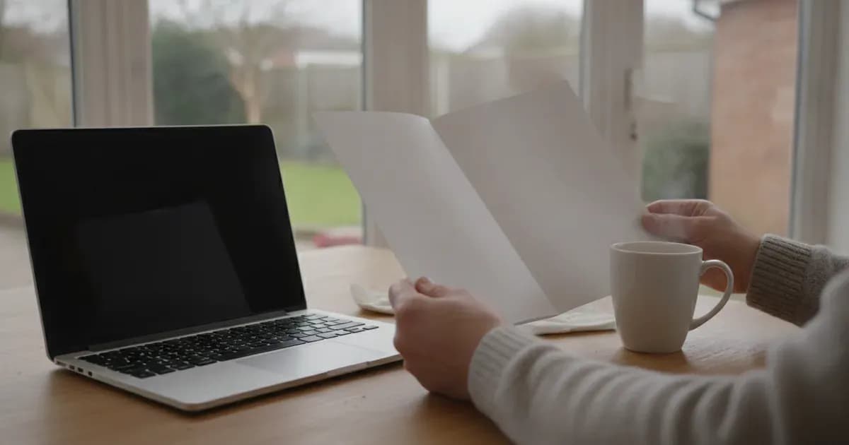 A person looking suspiciously at a leaflet handed to them by a door-to-door salesperson, with a solar panel installation visible in the background — SolarNevs spec card