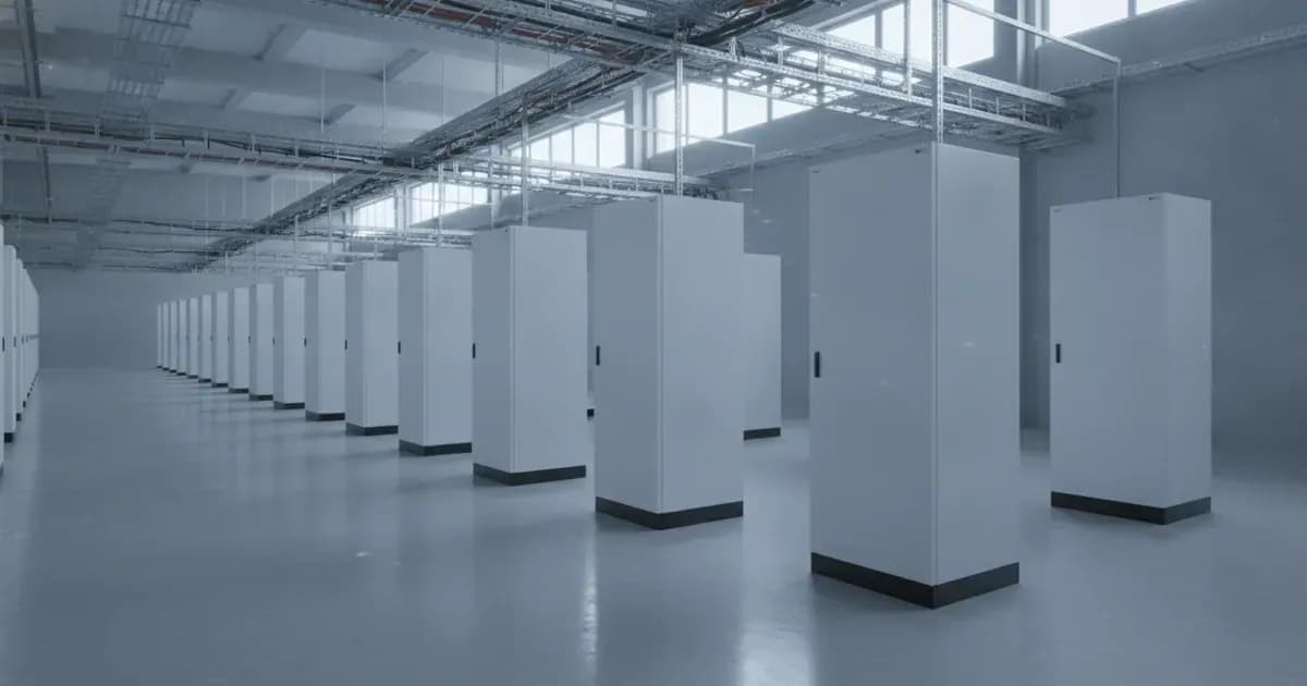 Row of white commercial battery energy storage containers and substation in the countryside. — SolarNevs spec card
