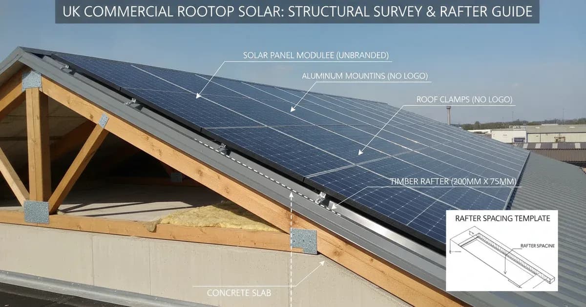 A high quality technical diagram of uk commercial rooftop solar structural survey and rafter guide — SolarNevs spec card