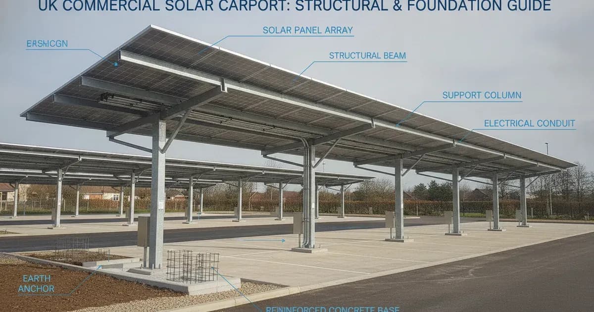 Diagram of commercial solar carport steel frame with concrete foundation details in an asphalt parking lot. — SolarNevs spec card